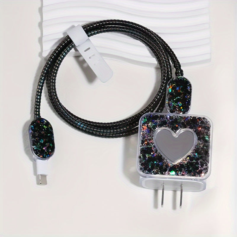 5pcs Purple and Black Glitter Charger Protective Case for Apple 20w for14 Pro Max/13/12/11 Charger and Data Cable Wrap Protection Set